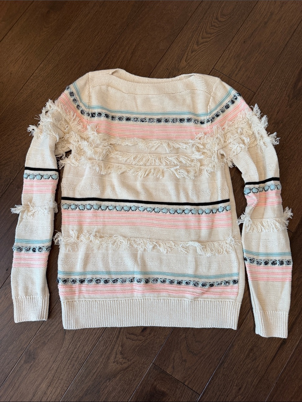 Loft Fringe Detail Cream Striped Women’s Sweater Size Small - C54-155